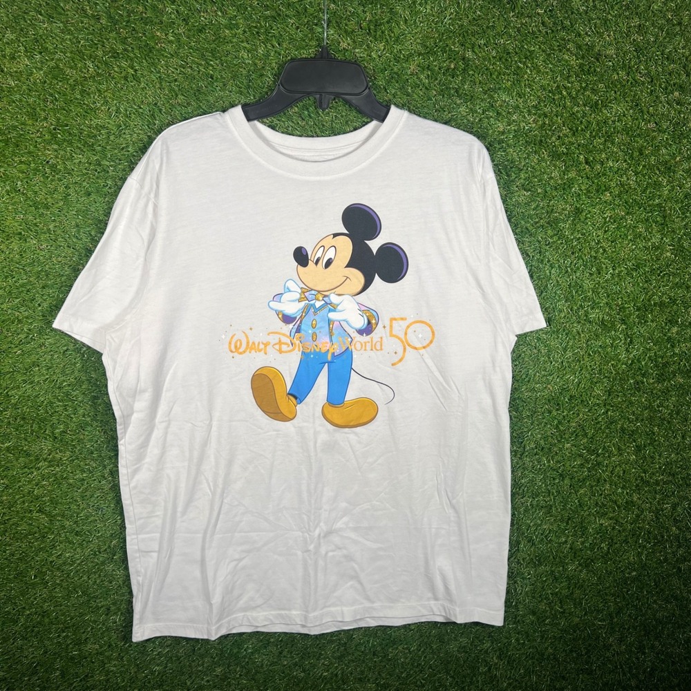 Disney World 50th Anniversary Mickey Mouse White Graphic T-Shirt Mens XL 4607
